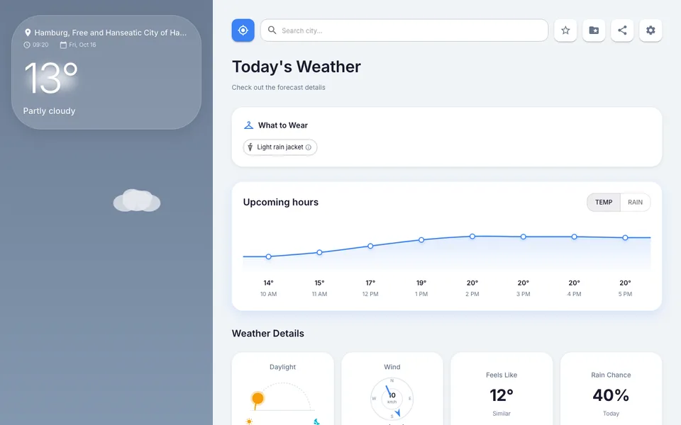 Wettervorhersage in der Weather App mit Kleidungstipp und Temperaturkurve