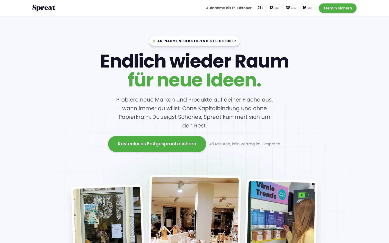 Landingpage von Spreat für Stores