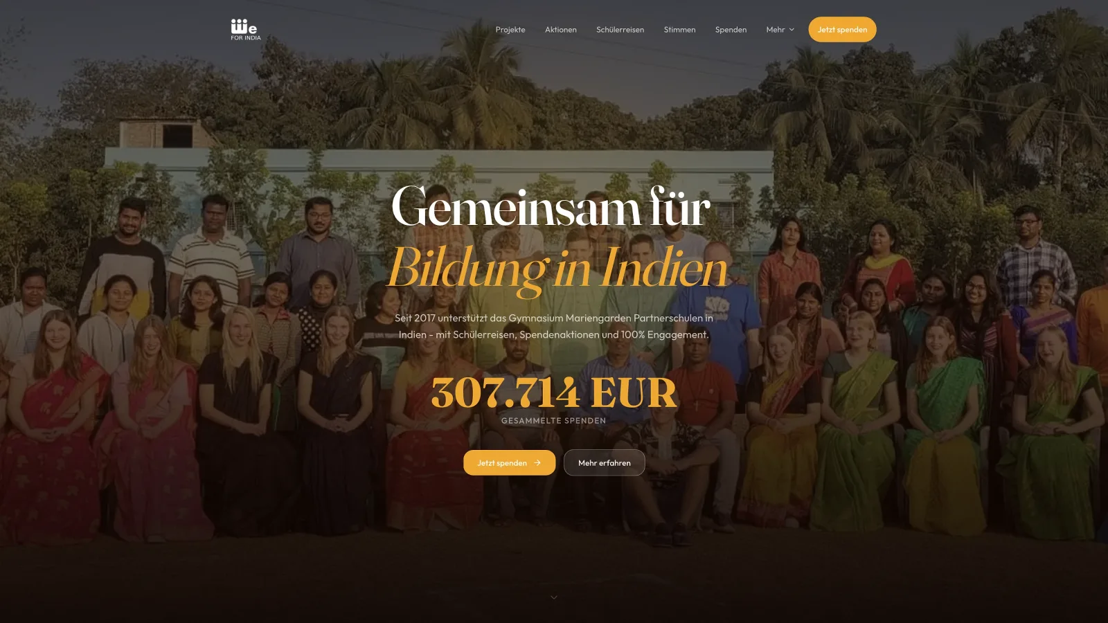 Startseite von We for India mit Spendenzähler